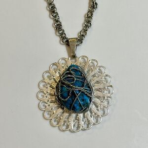 Genuine Small Real Turquoise Pendant Necklace Silver Tone 12~14in